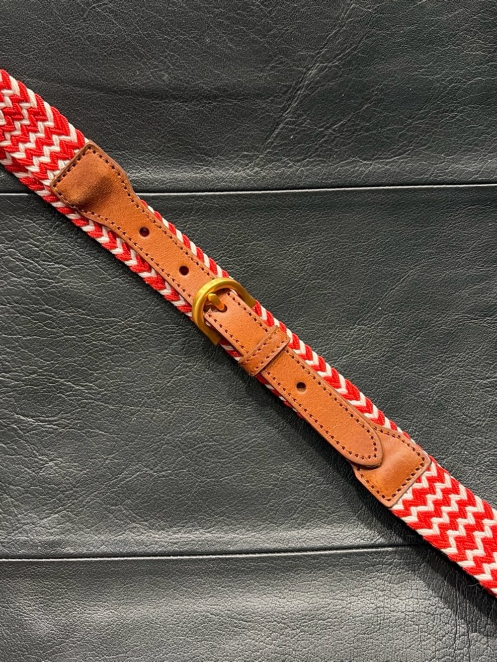 Brooks Brothers Red & White Woven Belt with Brown Leather Trim
